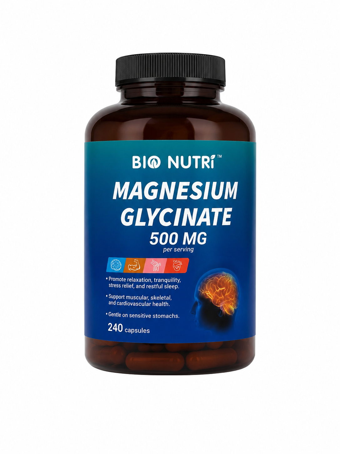 Suplemento de Magnesio Glicinato 500 mg en Cápsulas, 240 Cápsulas.