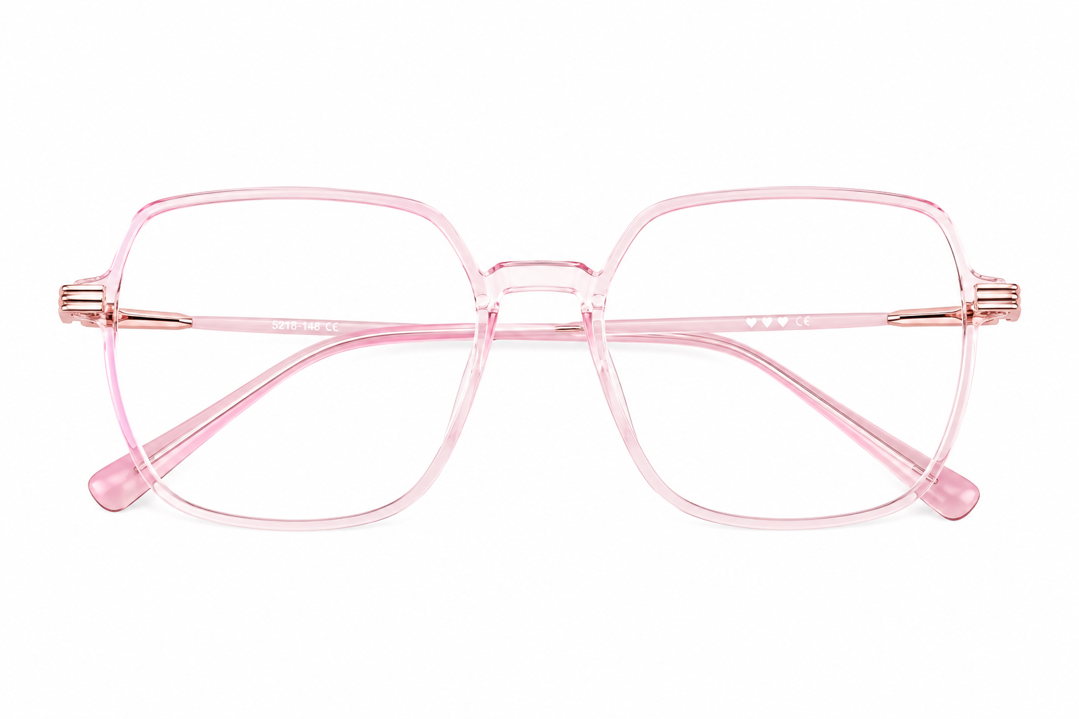 Lentes de montura cuadrada transparente color rosa con diseño moderno.