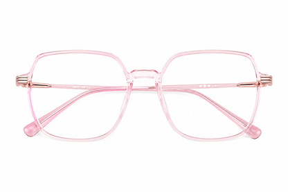 Lentes de montura cuadrada transparente color rosa con diseño moderno.