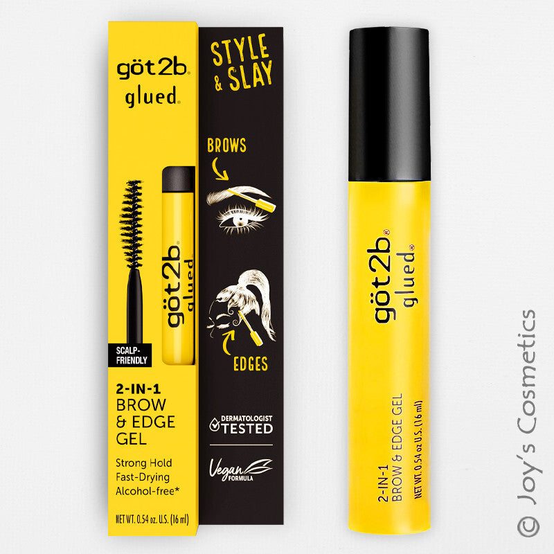Gel 2-en-1 para cejas y bordes con un empaque amarillo brillante y texto negro.