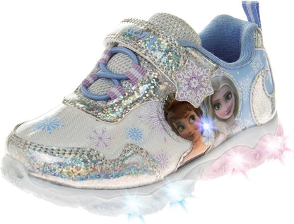 Zapatos deportivos infantiles con luces LED y diseño de princesa color plateado y azul, talla 9.