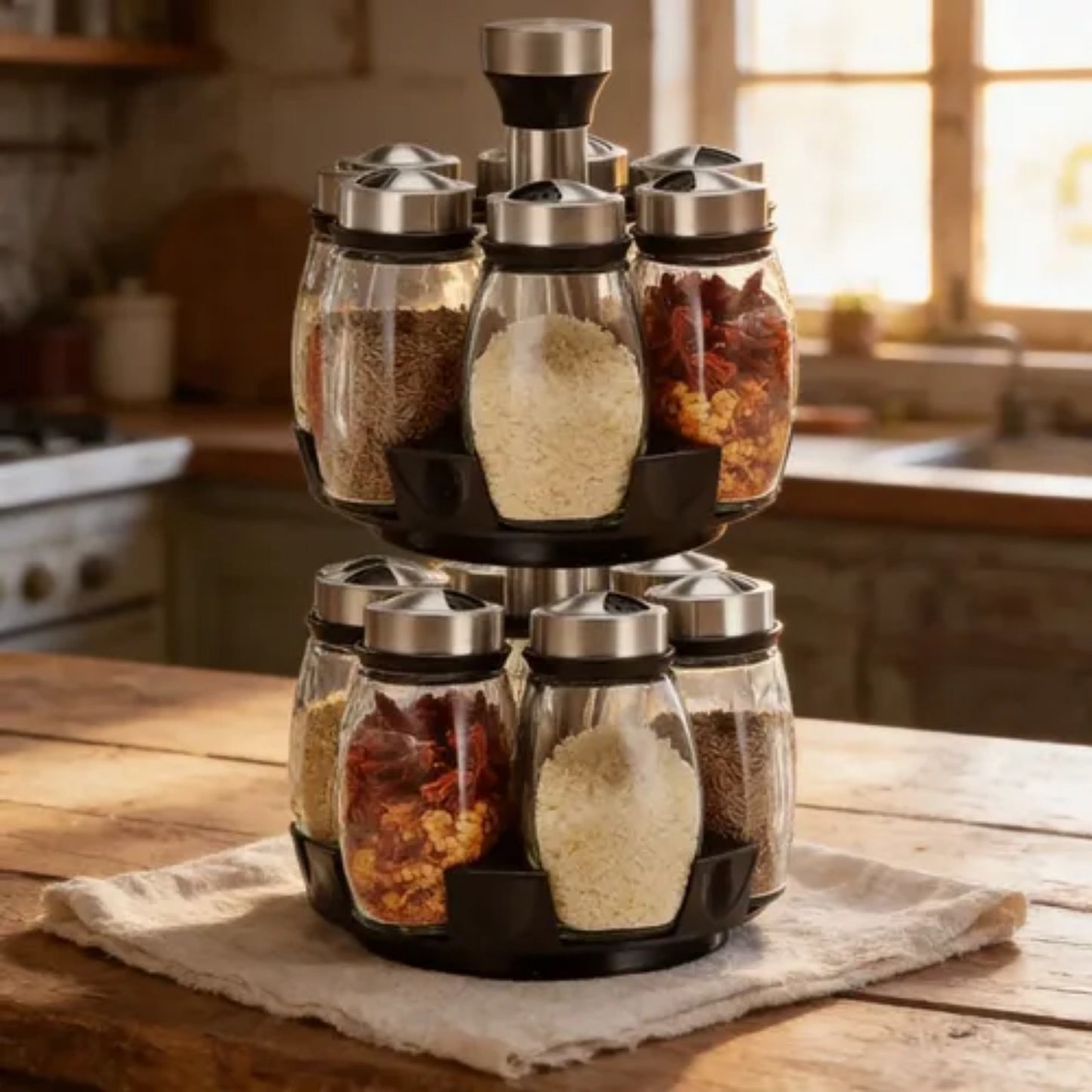 Organizador giratorio de especias con 12 frascos de vidrio y tapas de acero inoxidable.