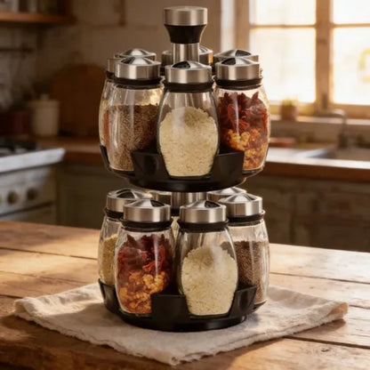 Organizador giratorio de especias con 12 frascos de vidrio y tapas de acero inoxidable.