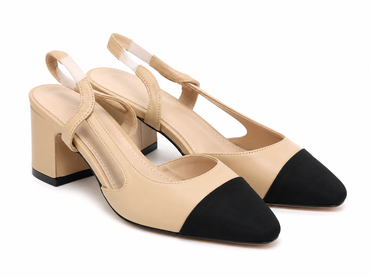 Zapatos de tacón con punta en contraste beige y negro para mujer, talla 6.