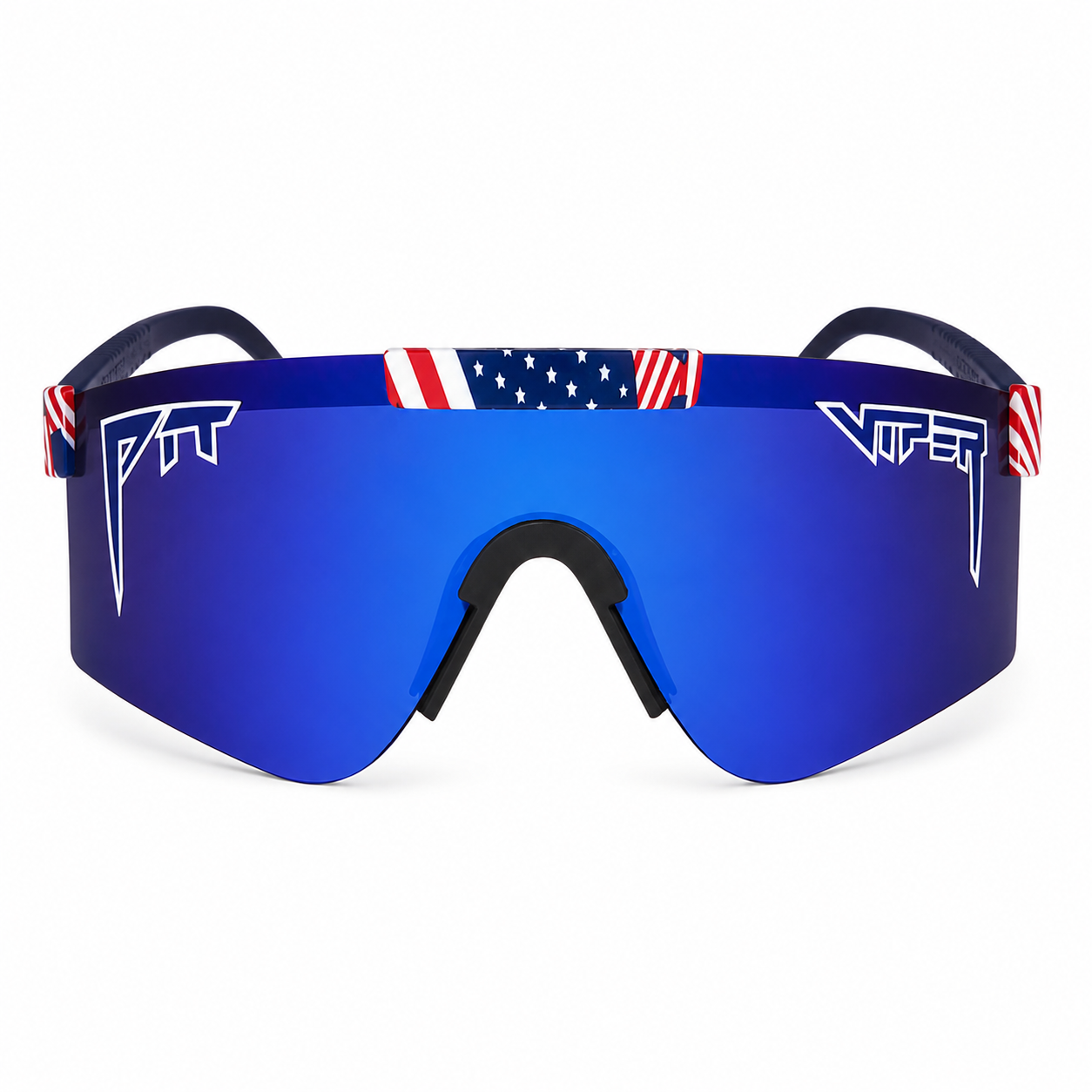 Gafas deportivas envolventes con lente azul espejado y detalles de bandera estadounidense.