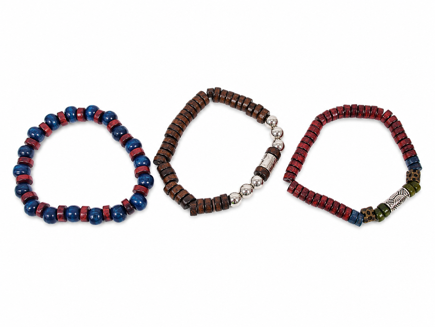 Set de 3 Pulseras Elásticas de Cuentas de Madera con Detalles Metálicos para Hombre y Mujer.