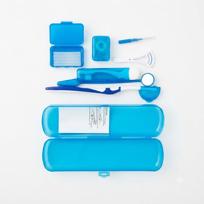 Kit de ortodoncia portátil de color azul incluye cepillo de dientes, cepillos interdentales, hilo dental y cera para brackets.