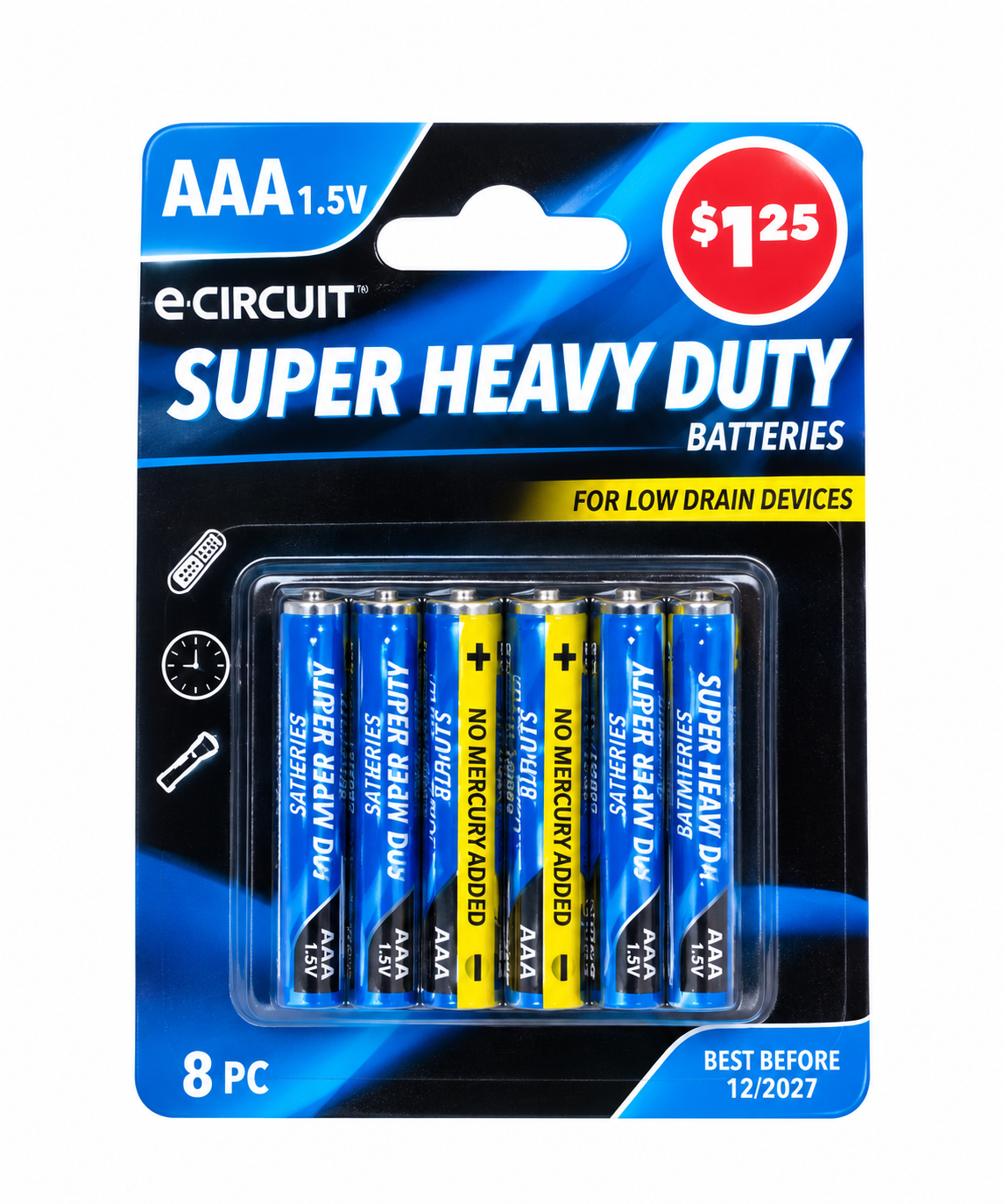 Pack de 8 pilas AAA de 1.5 V para dispositivos de bajo consumo.
