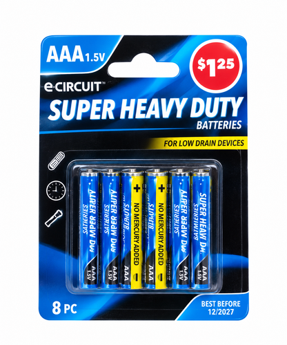 Pack de 8 pilas AAA de 1.5 V para dispositivos de bajo consumo.