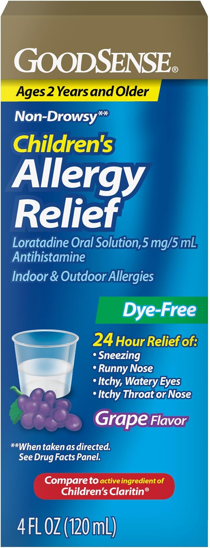 Alivio de la alergia para niños, solución oral de loratadina, sabor a uva, antihistamínico sin somnolencia las 24 horas, 4 onzas líquidas.