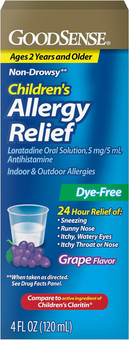 Alivio de la alergia para niños, solución oral de loratadina, sabor a uva, antihistamínico sin somnolencia las 24 horas, 4 onzas líquidas.