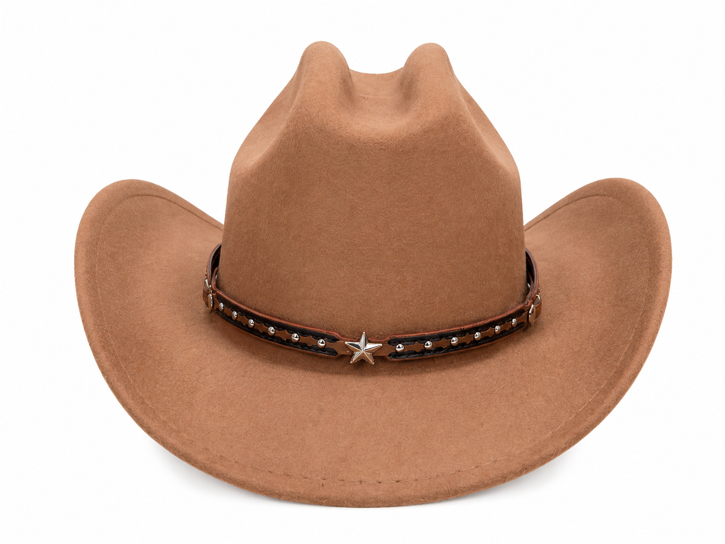 Sombrero vaquero color marrón con banda decorativa y estrella metálica.