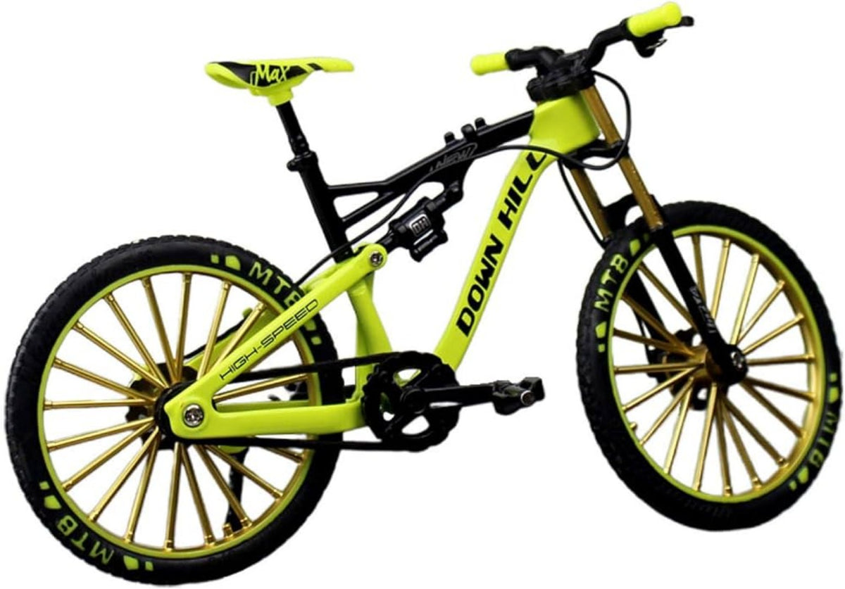 Figura decorativa de bicicleta de montaña verde con suspensión y ruedas doradas.
