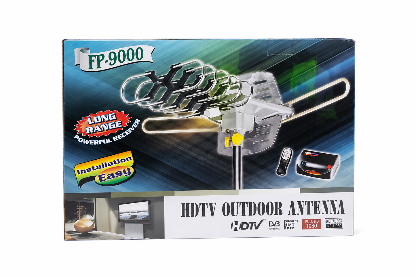 Antena exterior HDTV de largo alcance FP-9000 con receptor digital y control remoto.