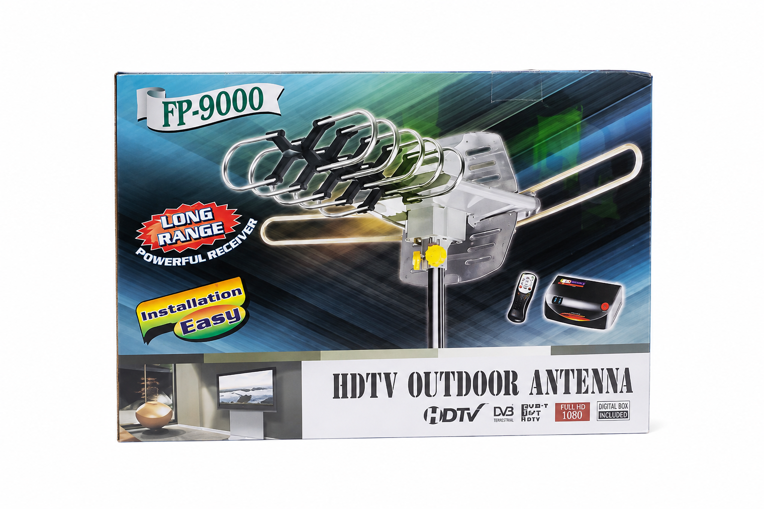 Antena exterior HDTV de largo alcance FP-9000 con receptor digital y control remoto.