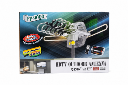 Antena exterior HDTV de largo alcance FP-9000 con receptor digital y control remoto.