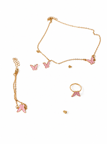 Set de Joyería Mariposa Rosa para Mujer – Collar, Pulsera, Aretes y Anillo Dorado Elegante