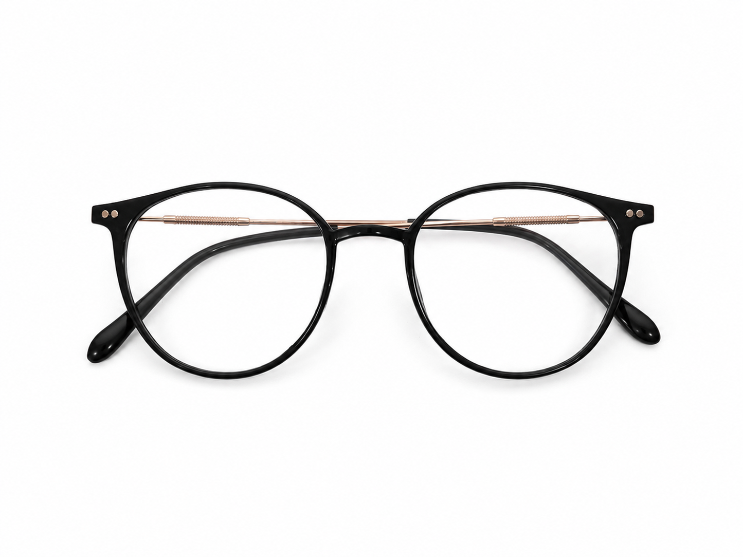 Gafas Redondas de Montura Negra con Detalles Metálicos.