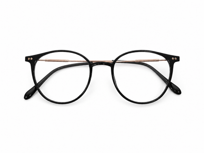 Gafas Redondas de Montura Negra con Detalles Metálicos.