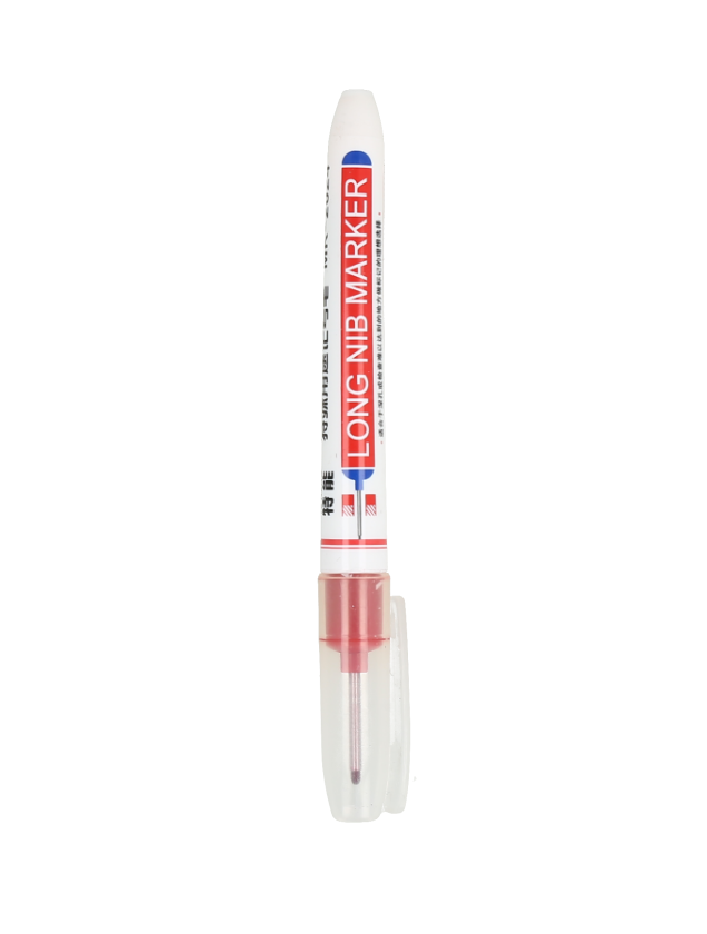 Rotulador de punta larga, con tinta roja resistente al agua y secado rápido.