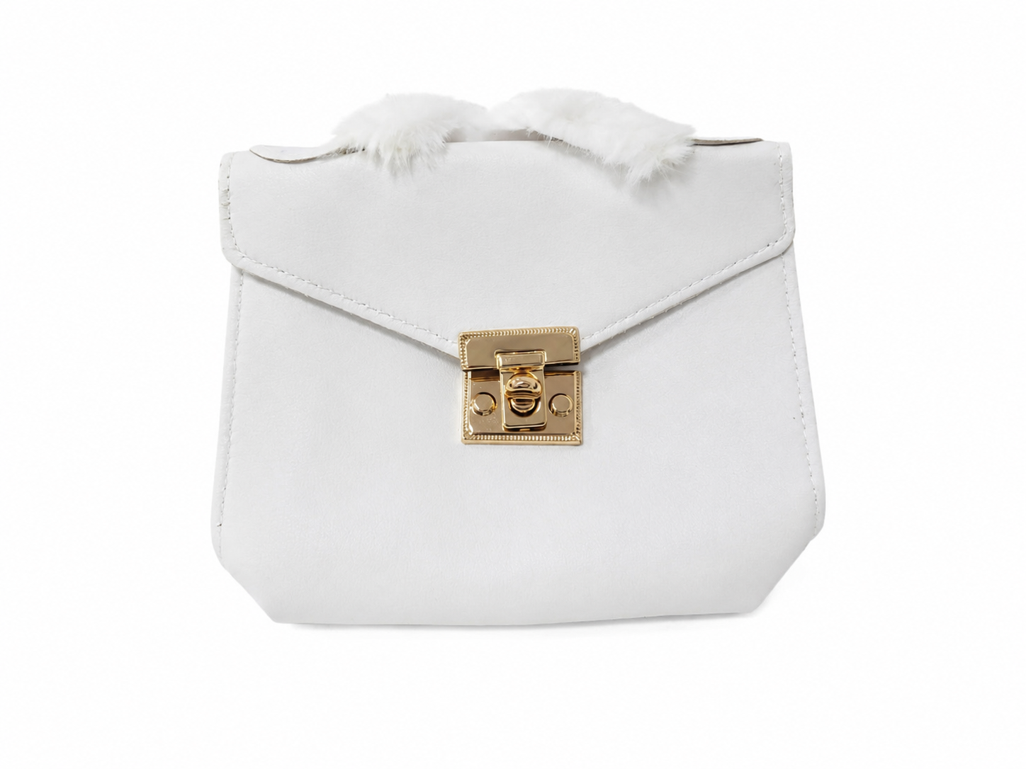 Bolso Mini Elegante Blanco con Detalles de Peluche y Cierre Dorado – Cartera Fashion para Mujer.