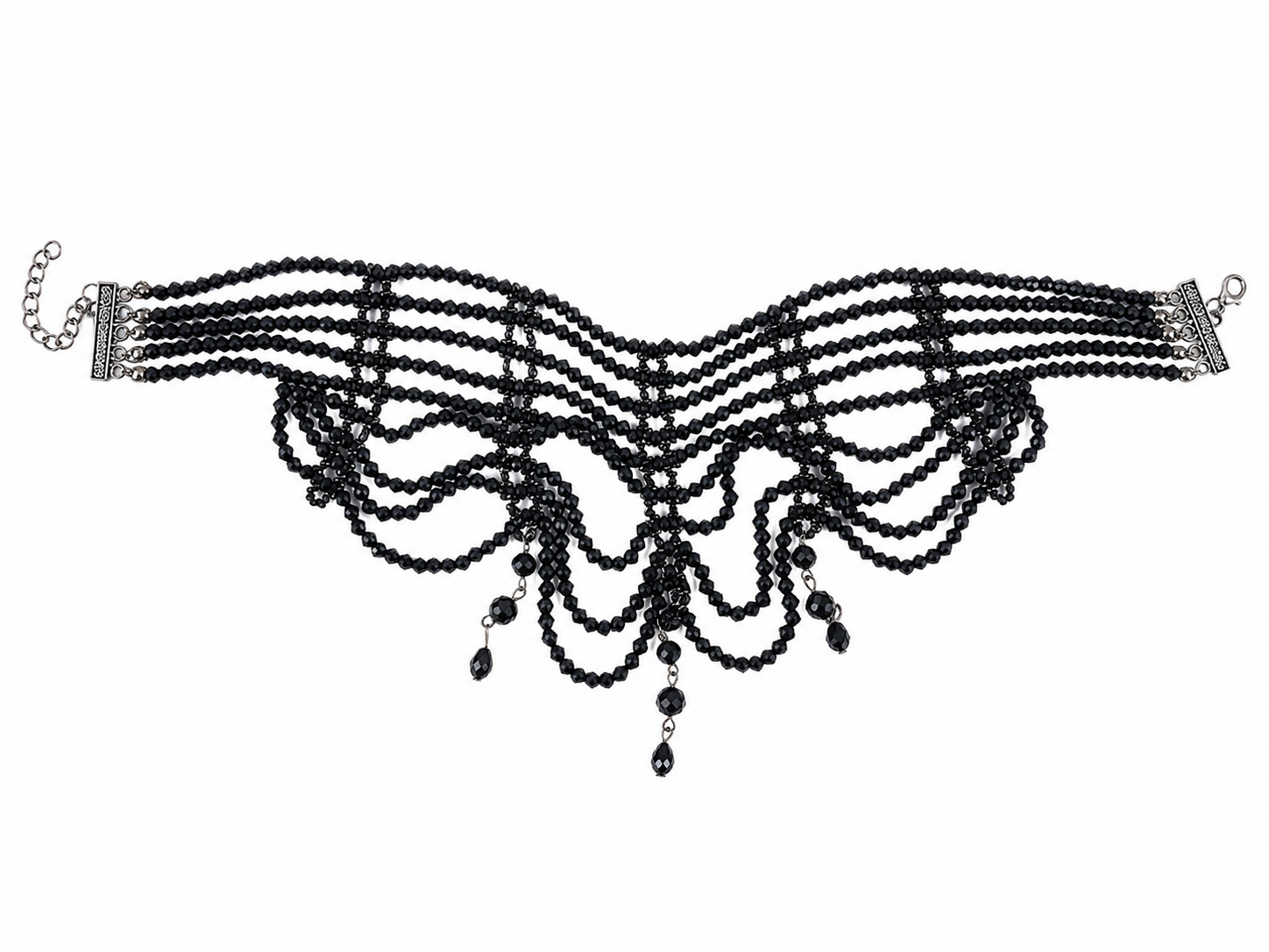Collar Gargantilla de Cuentas Negras con Diseño de Capas, Colgantes Decorativos y Cierre Ajustable para Mujer.