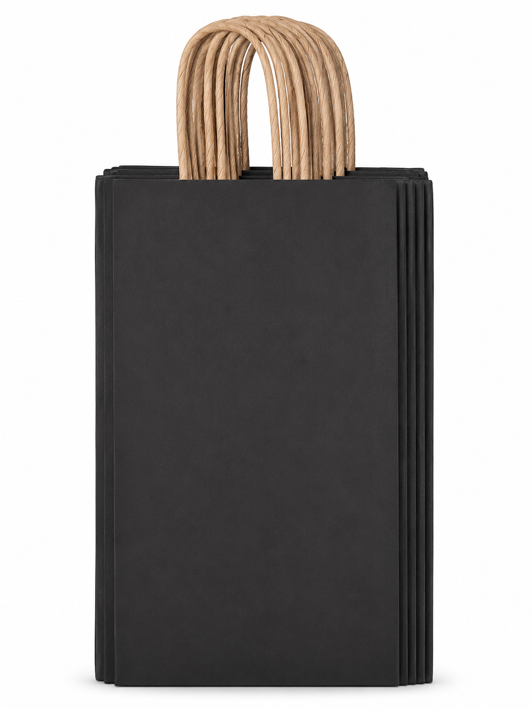 Juego de bolsas de papel negras con asas kraft para regalos y compras.