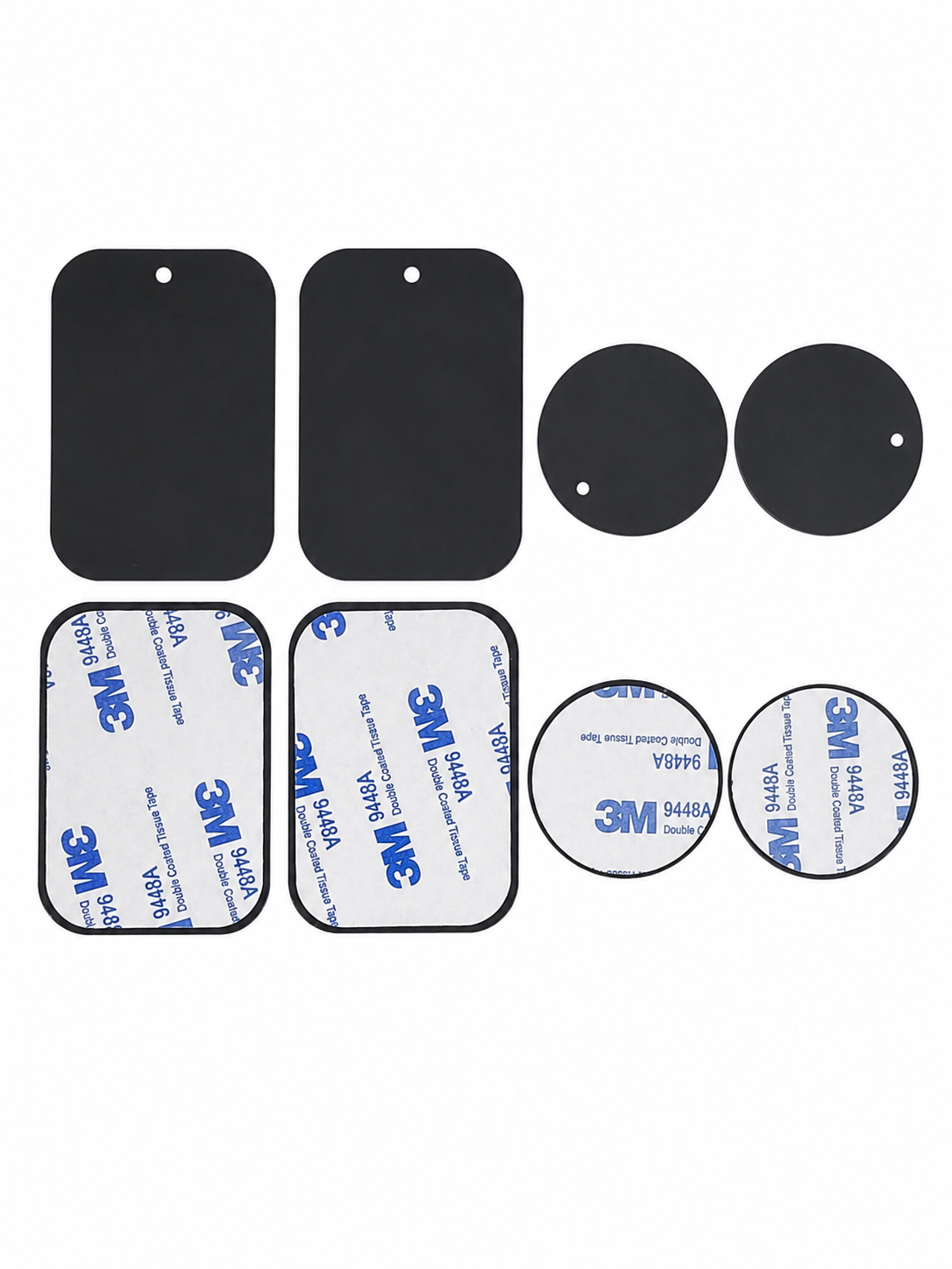 Kit de placas metálicas y bases adhesivas para montaje magnético con cinta de doble cara.