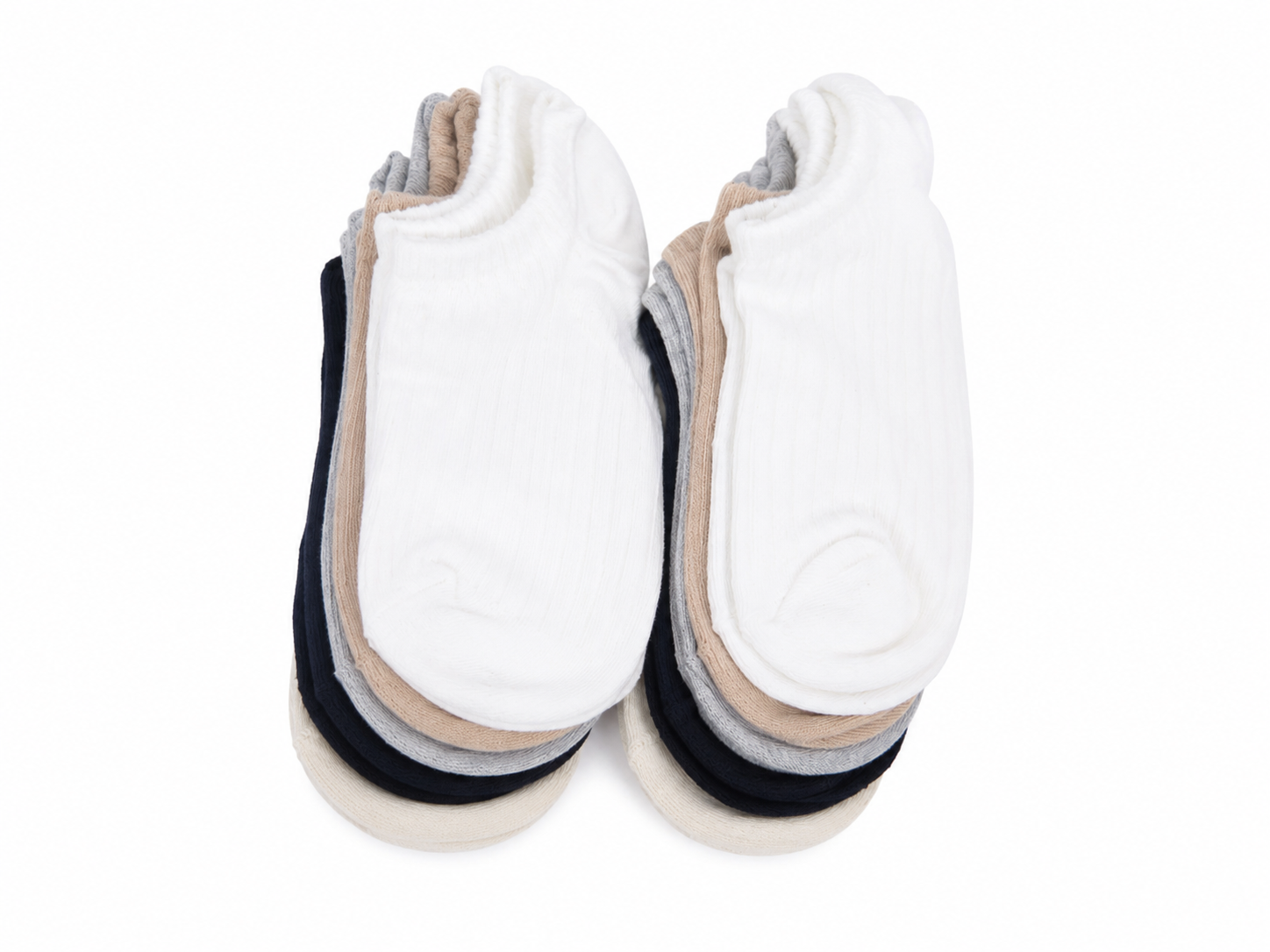 Set de 6 pares de medias tobilleras unisex en colores neutros para uso diario.