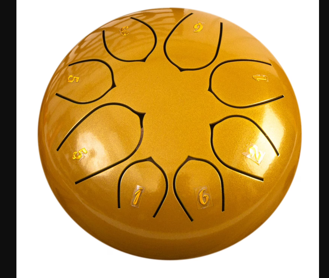 Instrumento es un tambor de lengüeta de acero dorado de 6 pulgadas y 8 notas.