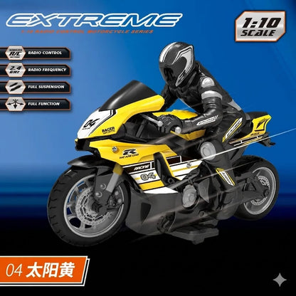 Motocicleta de juguete a control remoto Extreme Moto RSP a escala 1:10 en color azul.