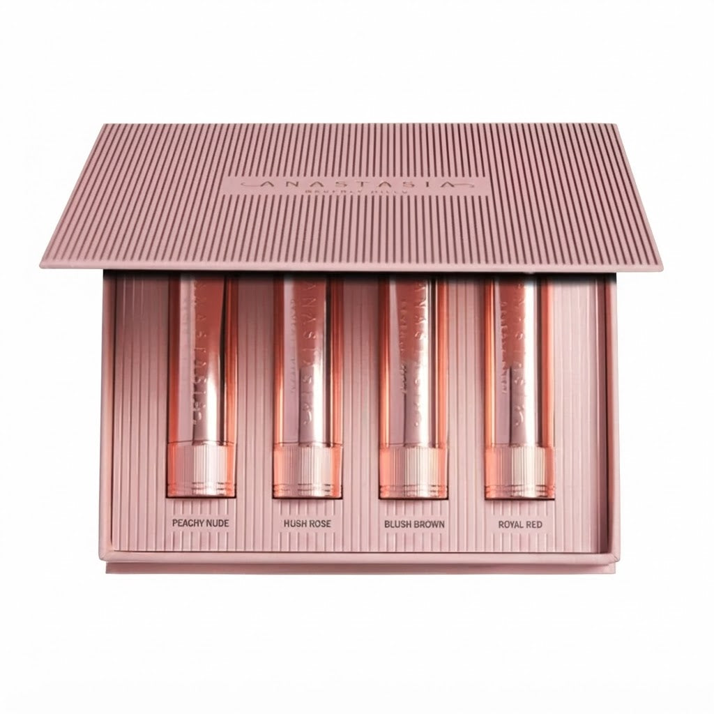 Set de labiales cuatro piezas con acabados mate de cobertura total.