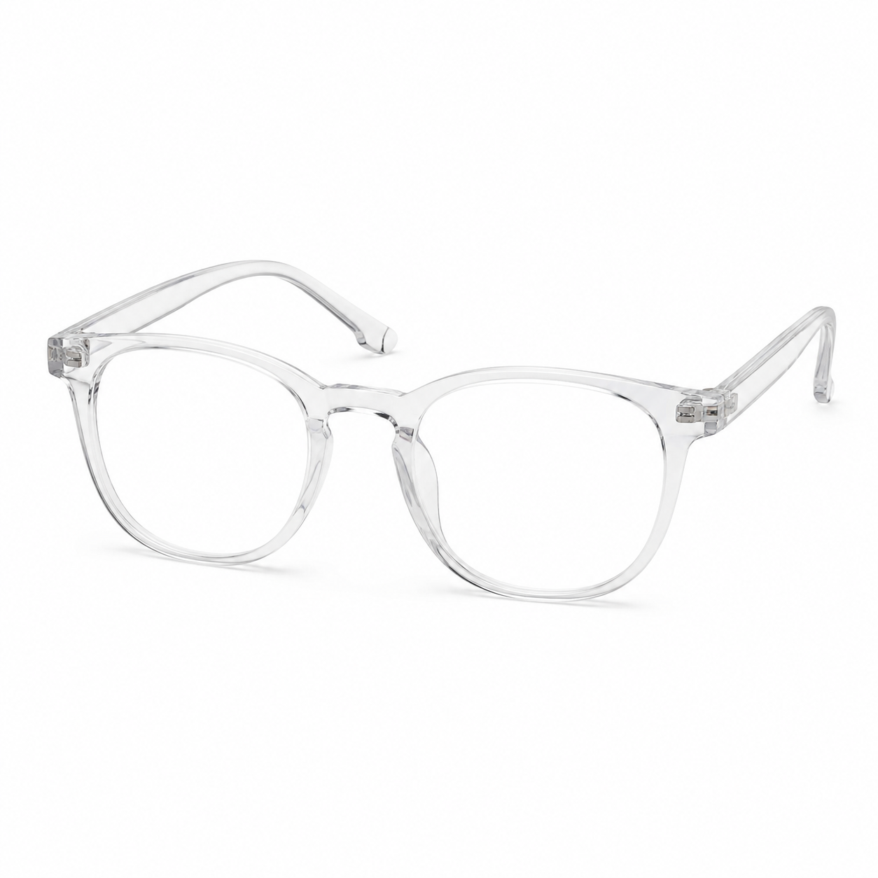 Lentes con montura transparente de diseño rectangular redondeado.