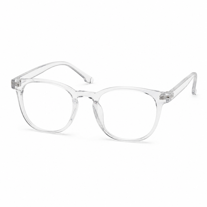 Lentes con montura transparente de diseño rectangular redondeado.