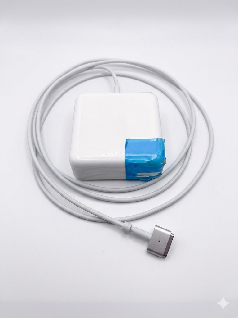 Cargador blanco diseñado para modelos como MacBook Pro y Air, ofreciendo diferentes potencias de carga.