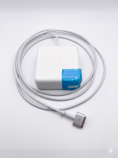 Cargador blanco diseñado para modelos como MacBook Pro y Air, ofreciendo diferentes potencias de carga.
