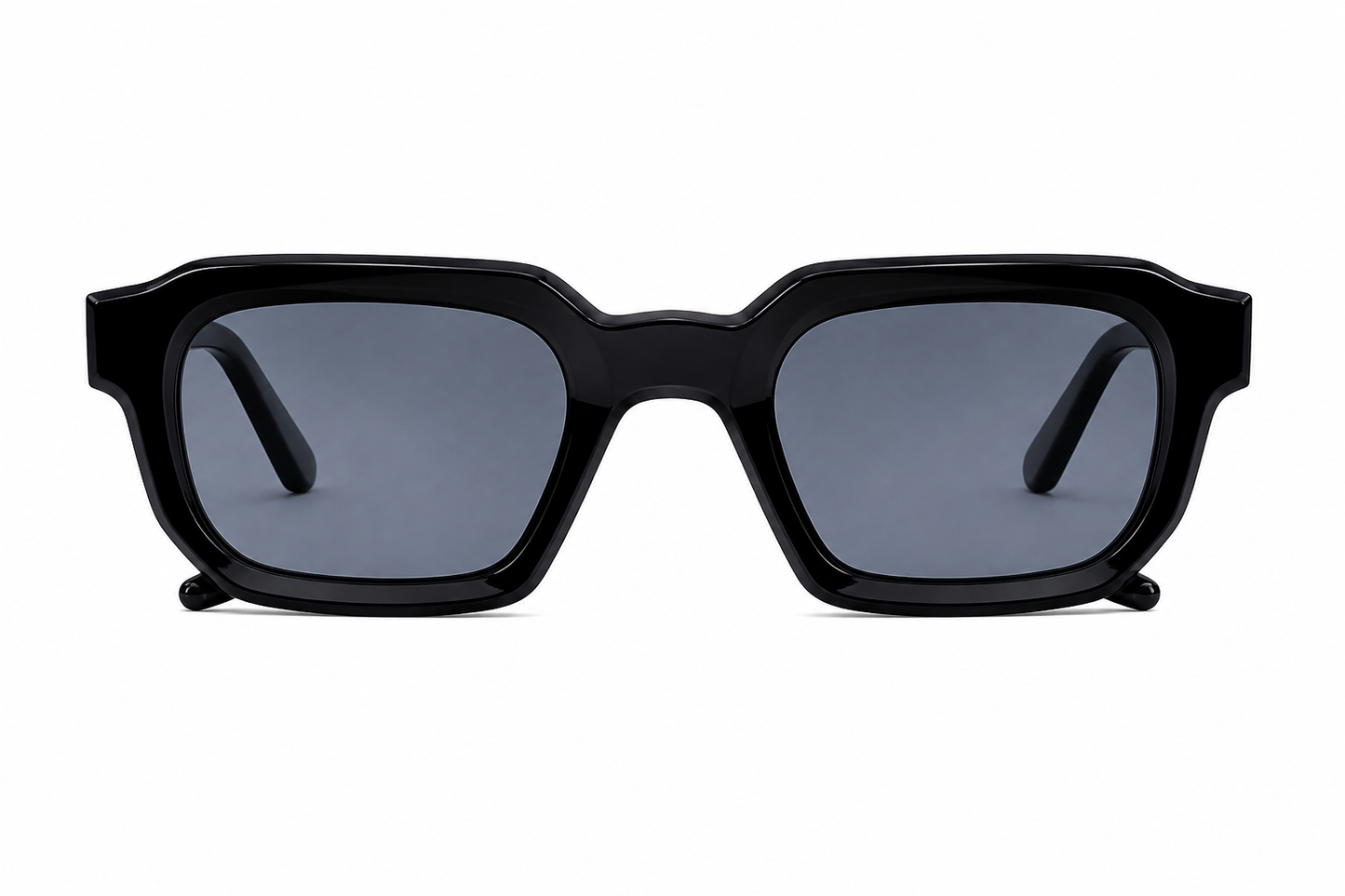 Gafas de sol rectangulares con montura negra y lentes azul grisáceo.