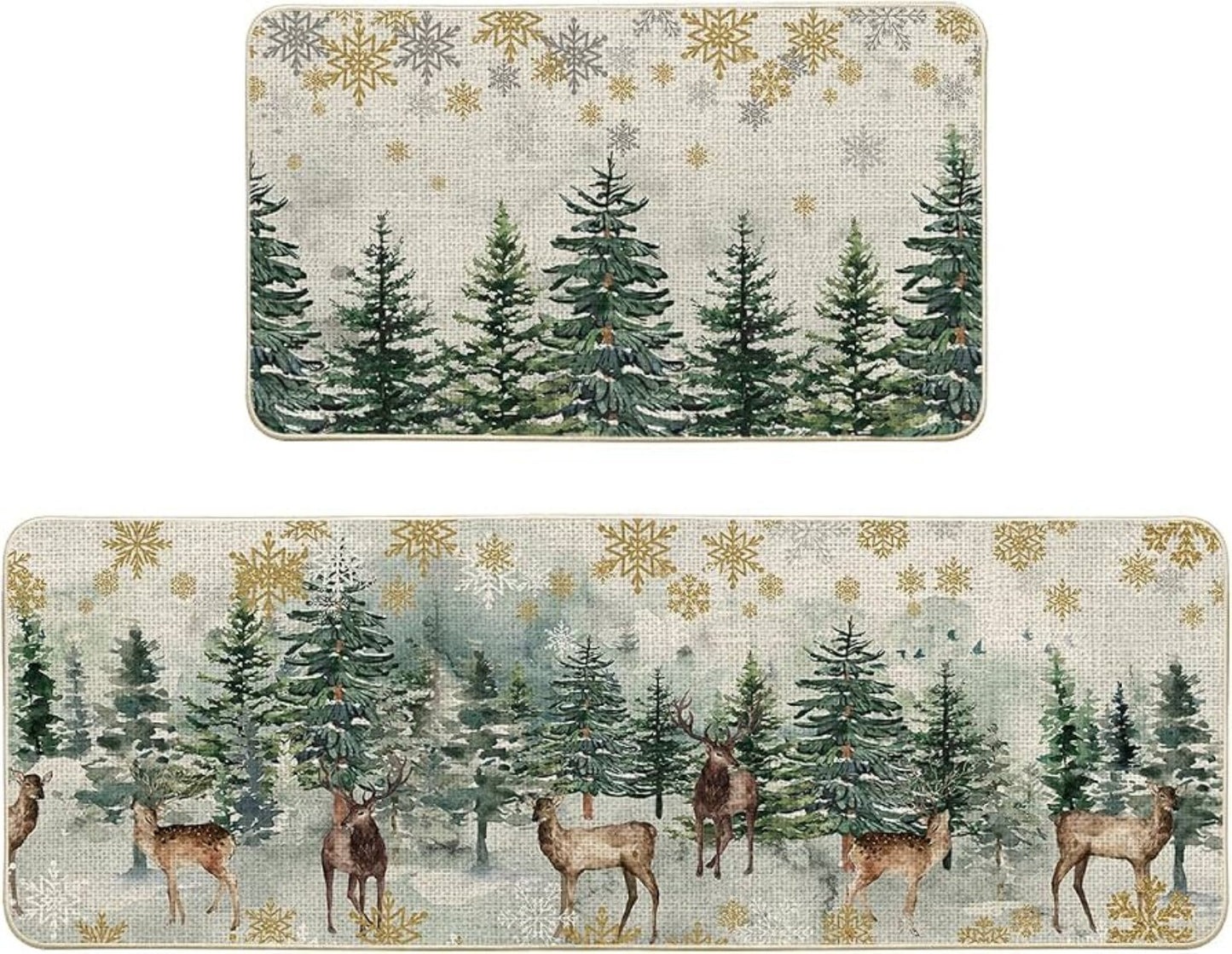 Juego de alfombras navideñas con diseño de bosque nevado y renos.