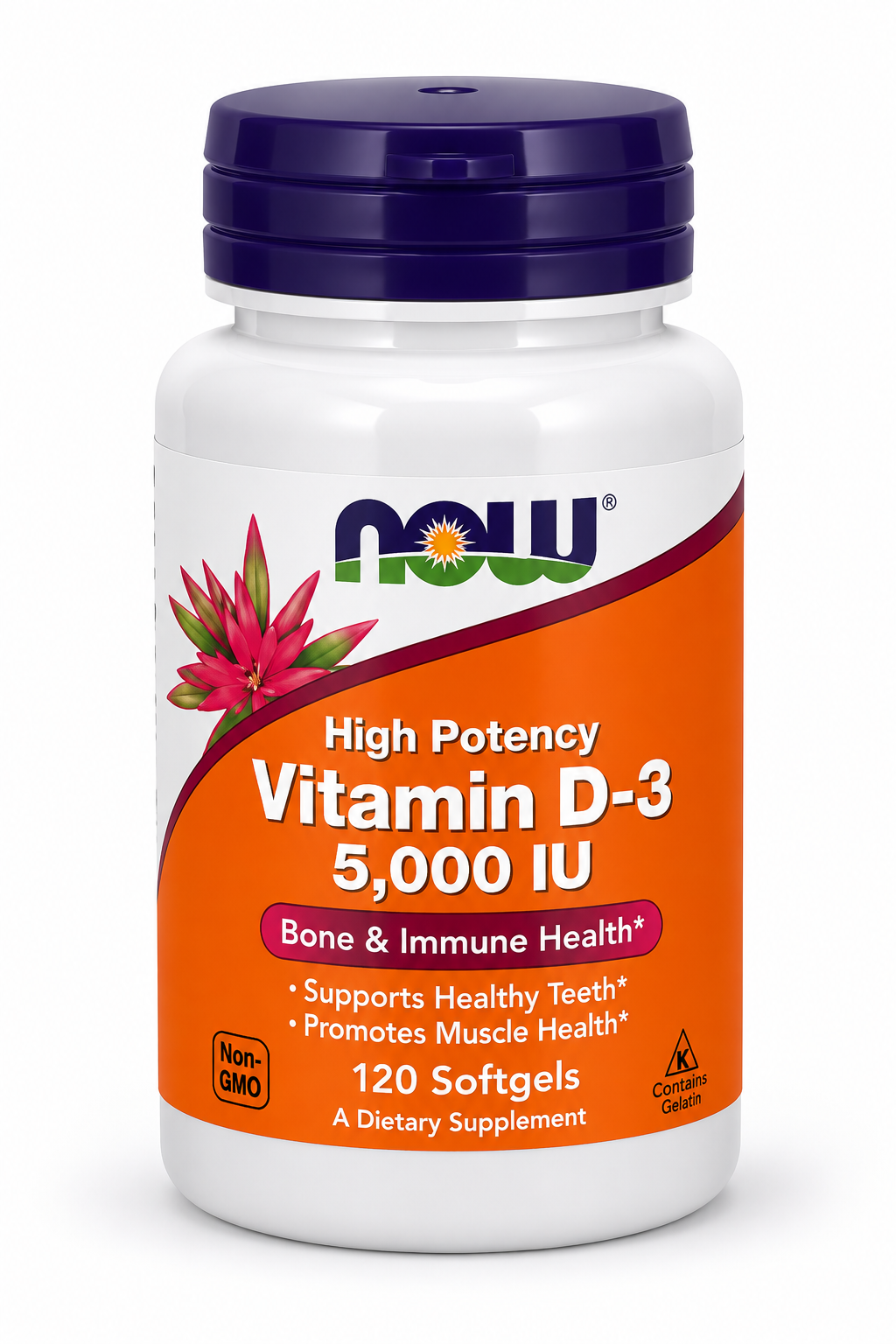 Suplemento de vitamina D3 5000 UI en cápsulas blandas, frasco con 120 unidades.