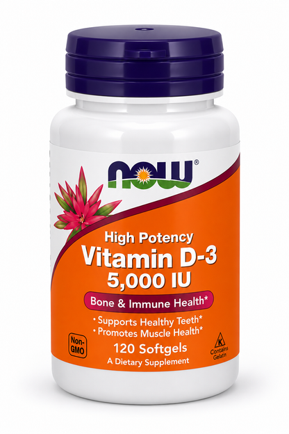 Suplemento de vitamina D3 5000 UI en cápsulas blandas, frasco con 120 unidades.