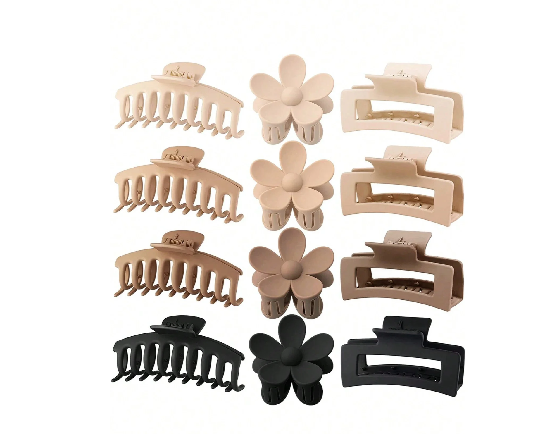 Set de ganchos plásticos en tonos neutros como marrón y beige con diseños florales y rectangulares