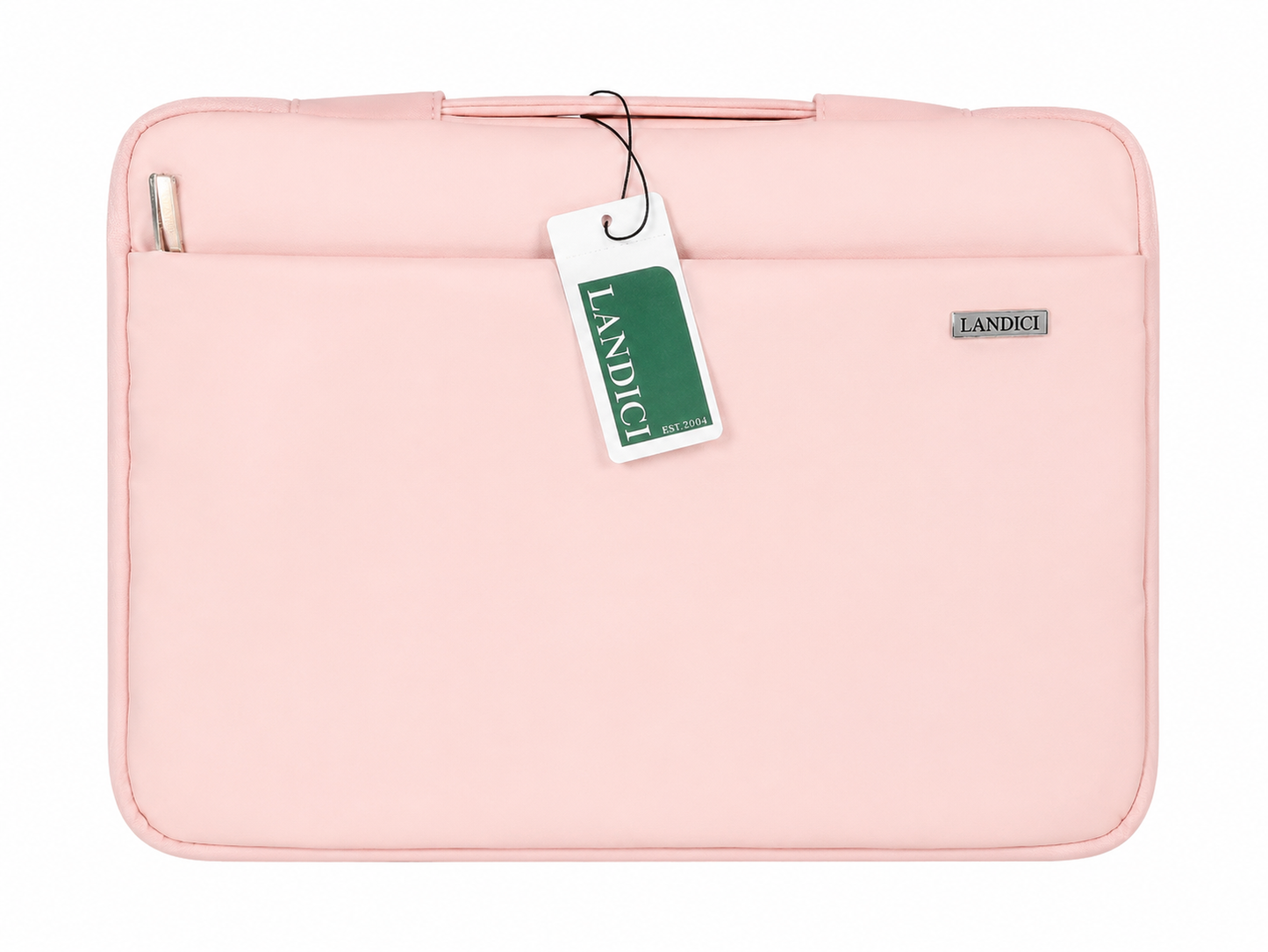 Funda acolchada para laptop con bolsillo frontal y asa de transporte, color rosa.