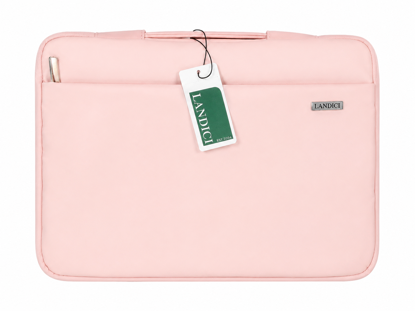 Funda acolchada para laptop con bolsillo frontal y asa de transporte, color rosa.