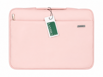 Funda acolchada para laptop con bolsillo frontal y asa de transporte, color rosa.