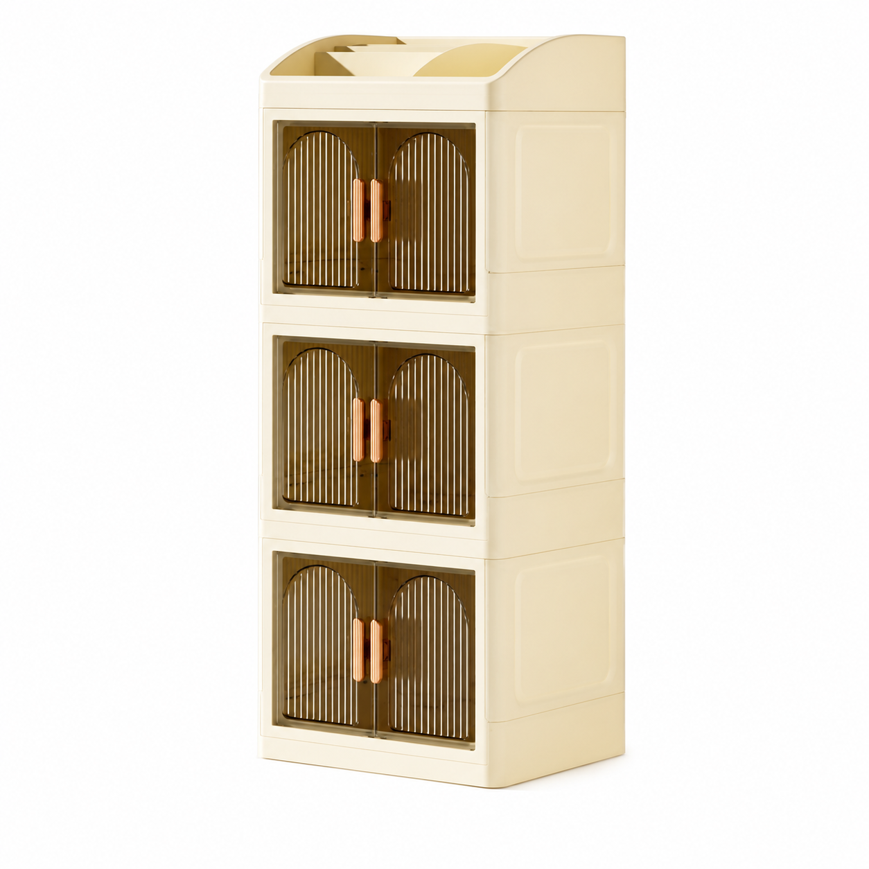 Organizador de almacenamiento de 3 niveles con puertas transparentes y compartimento superior.