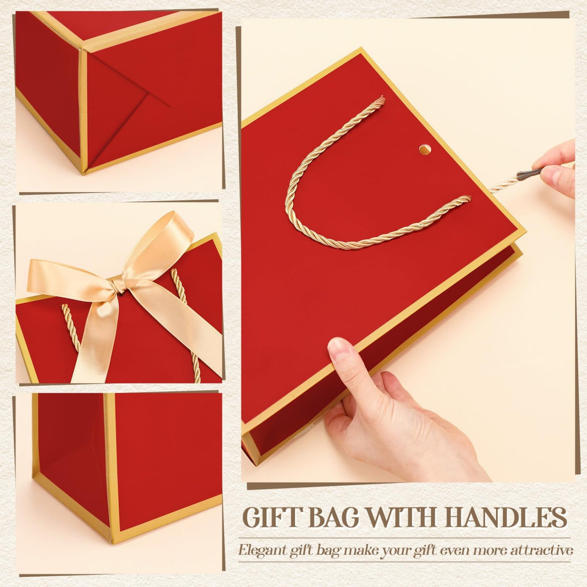 Bolsa de regalo roja con bordes dorados y asas de cordón.
