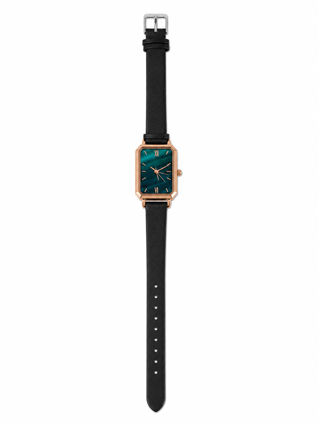 Reloj de Pulsera con Correa Negra y Esfera Rectangular Verde Tornasol.
