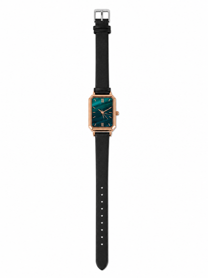 Reloj de Pulsera con Correa Negra y Esfera Rectangular Verde Tornasol.
