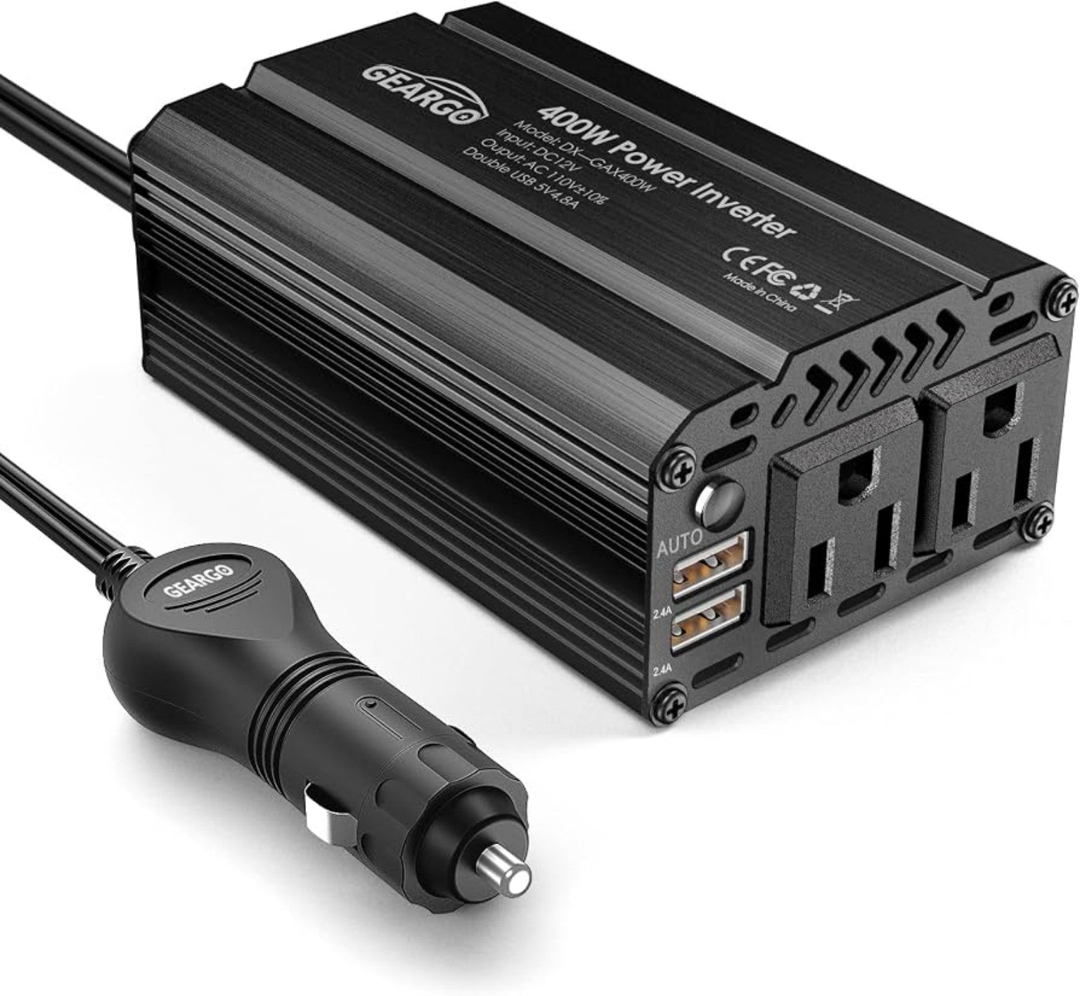 Inversor de Corriente para Auto 12V DC a 110V AC con Puertos USB.