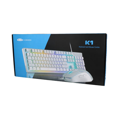 Combinación de teclado y ratón gaming MageGee K1 retroiluminada con panel de aluminio blanco.